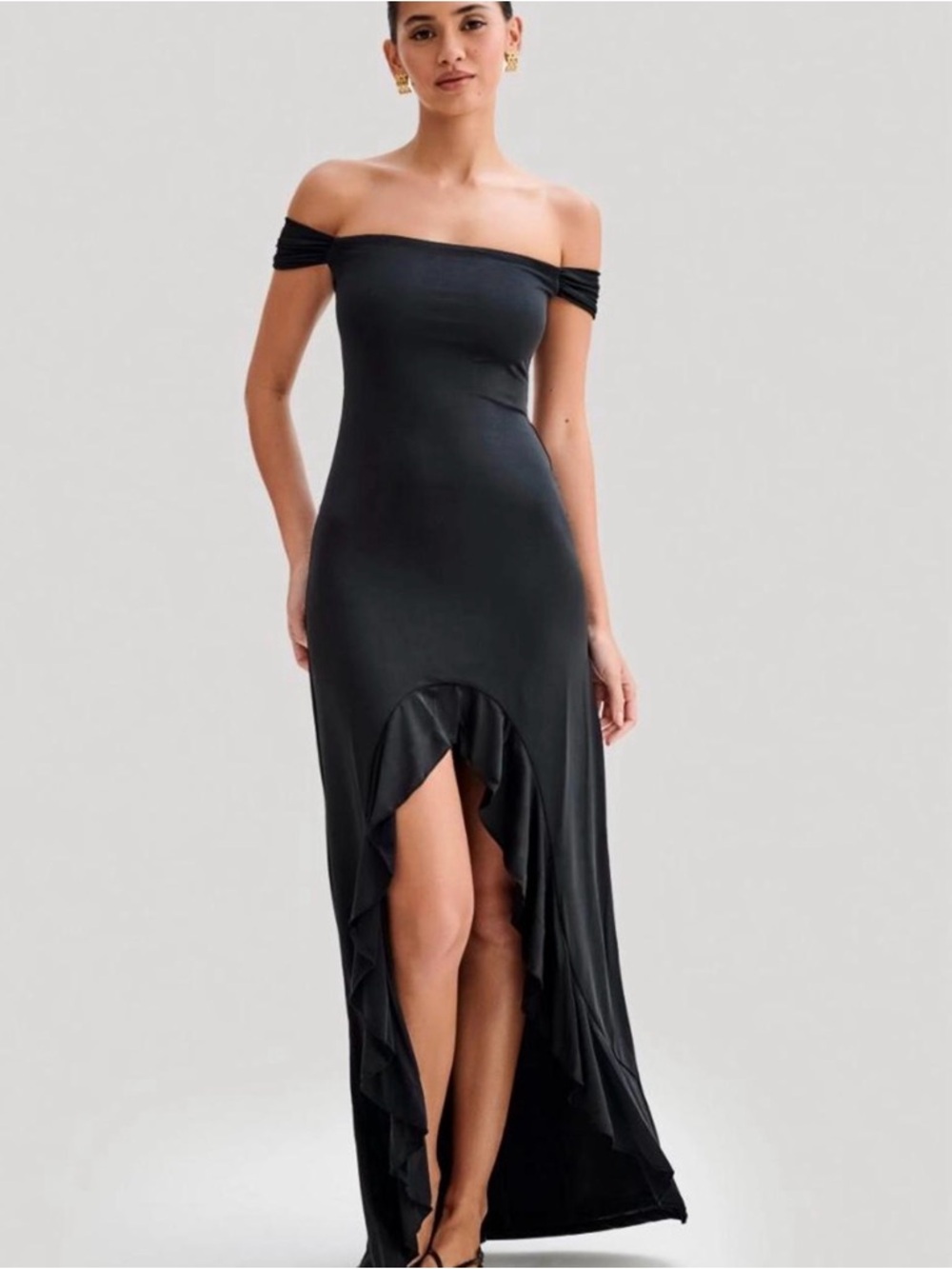 Meshki Black Off-Shoulder Ruffle High-Low Maxi Dress